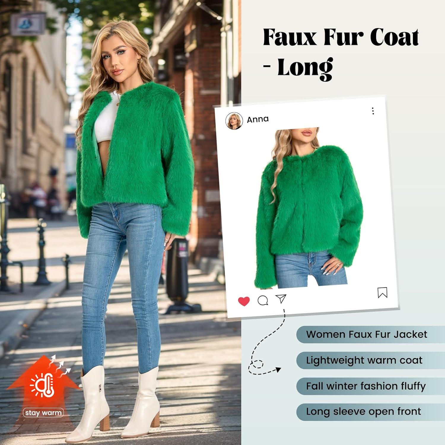 imageFur Coats For Women 2025 Plus Size Faux Fuzzy Jacket Fluffy Long Sleeve Winter Coat with PocketsGreen