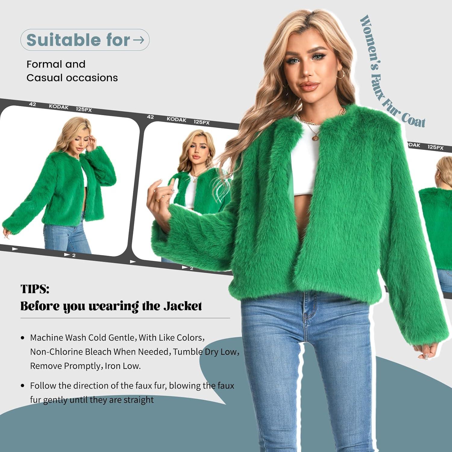 imageFur Coats For Women 2025 Plus Size Faux Fuzzy Jacket Fluffy Long Sleeve Winter Coat with PocketsGreen