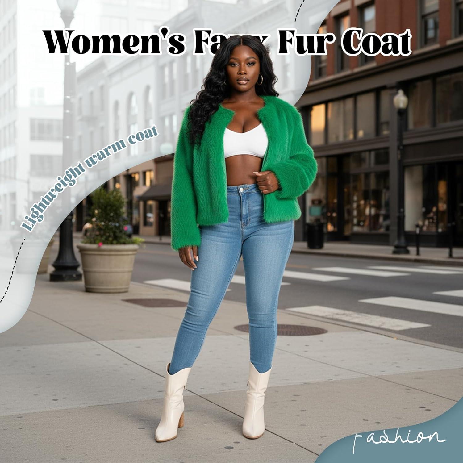 imageFur Coats For Women 2025 Plus Size Faux Fuzzy Jacket Fluffy Long Sleeve Winter Coat with PocketsGreen