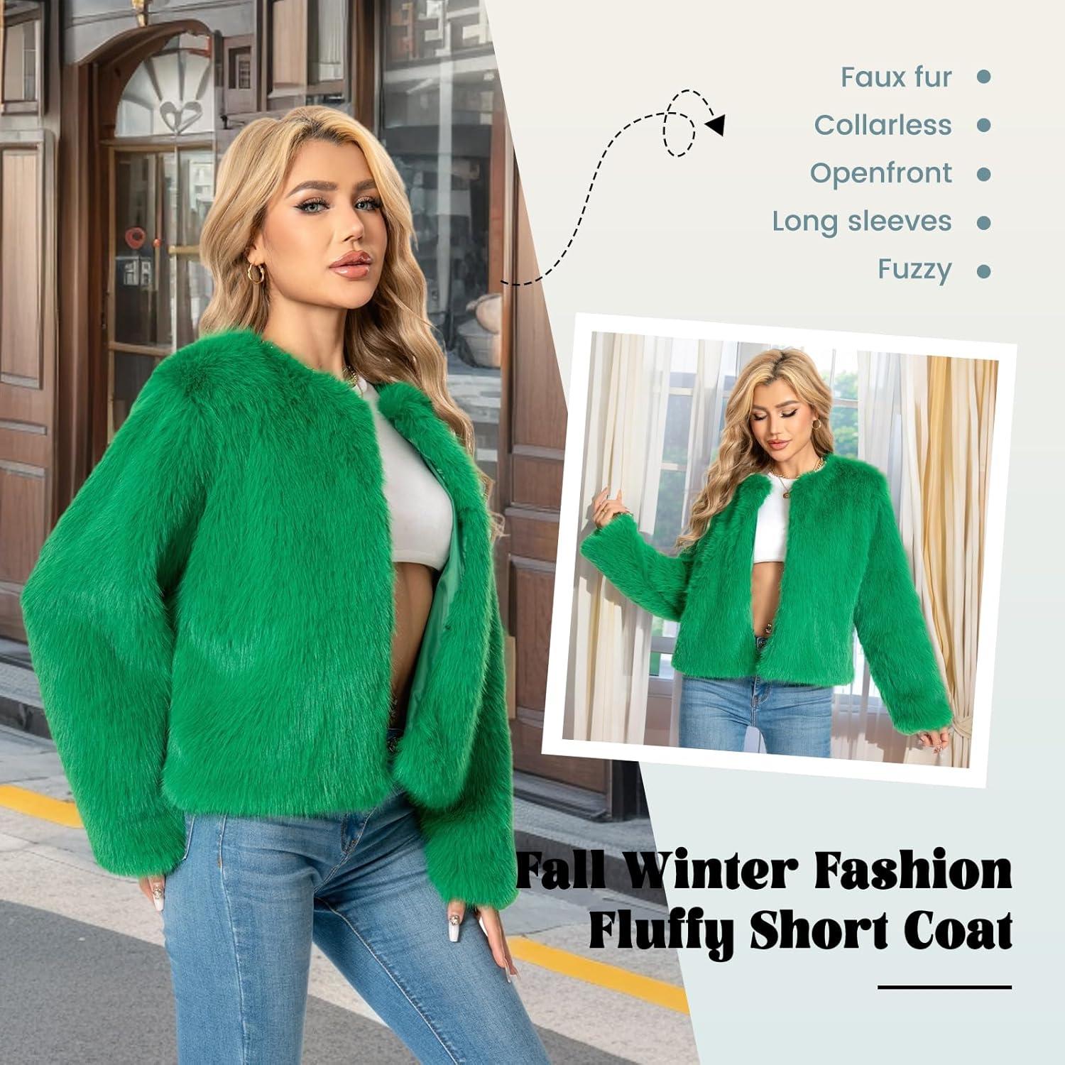 imageFur Coats For Women 2025 Plus Size Faux Fuzzy Jacket Fluffy Long Sleeve Winter Coat with PocketsGreen