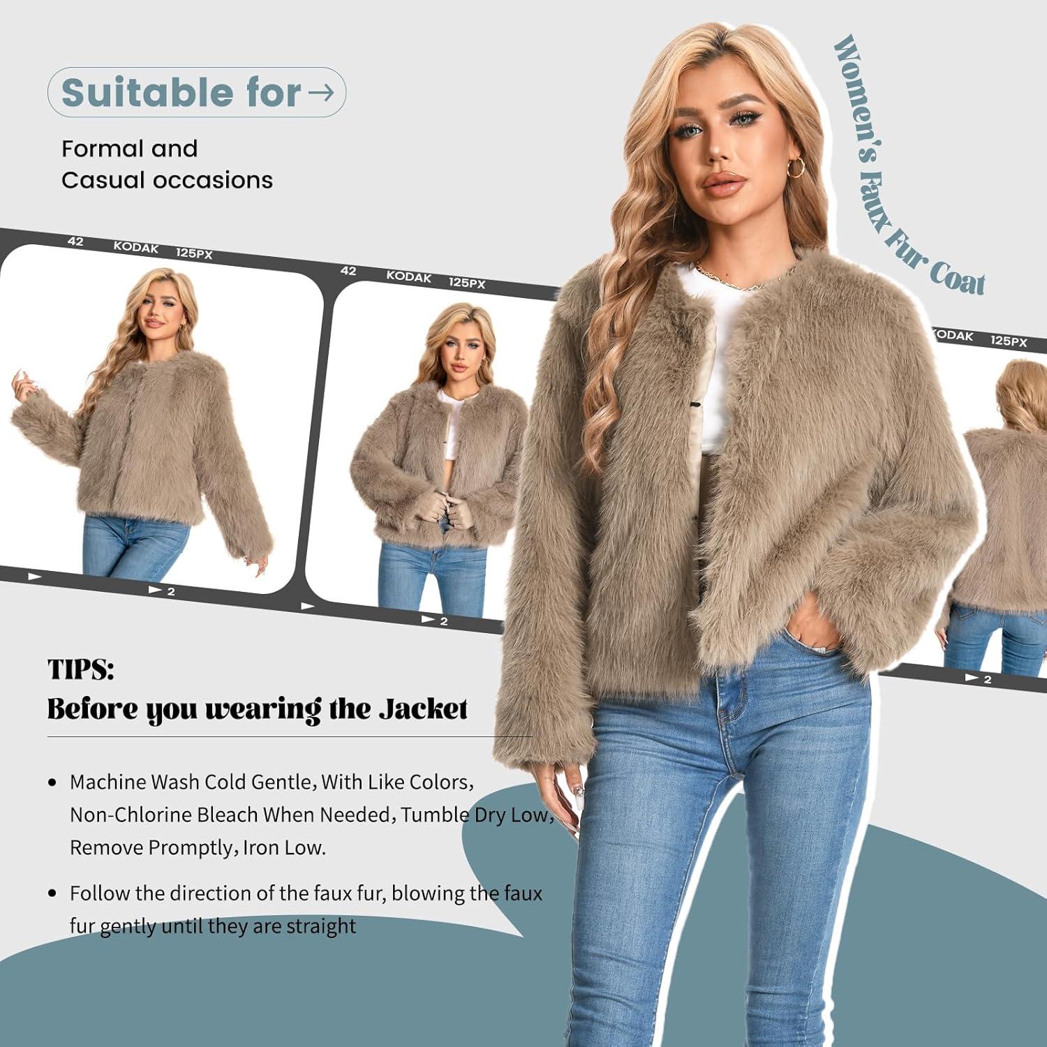 imageFur Coats For Women 2025 Plus Size Faux Fuzzy Jacket Fluffy Long Sleeve Winter Coat with PocketsKhaki