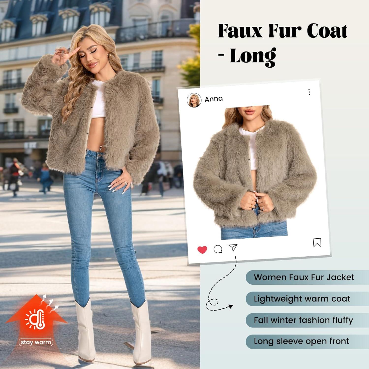imageFur Coats For Women 2025 Plus Size Faux Fuzzy Jacket Fluffy Long Sleeve Winter Coat with PocketsKhaki