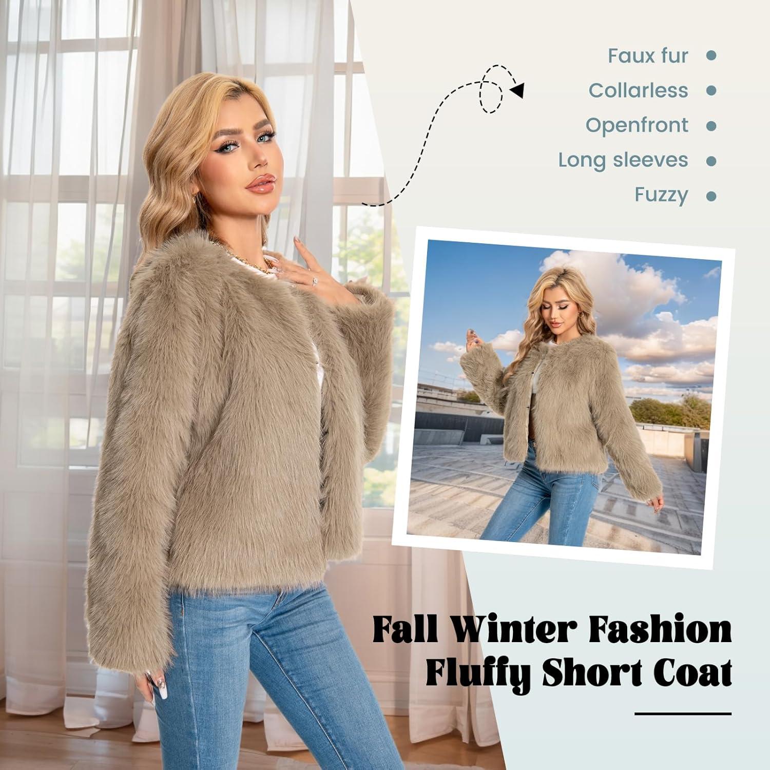 imageFur Coats For Women 2025 Plus Size Faux Fuzzy Jacket Fluffy Long Sleeve Winter Coat with PocketsKhaki
