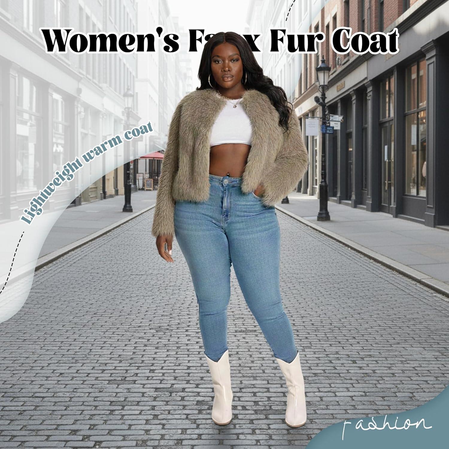 imageFur Coats For Women 2025 Plus Size Faux Fuzzy Jacket Fluffy Long Sleeve Winter Coat with PocketsKhaki