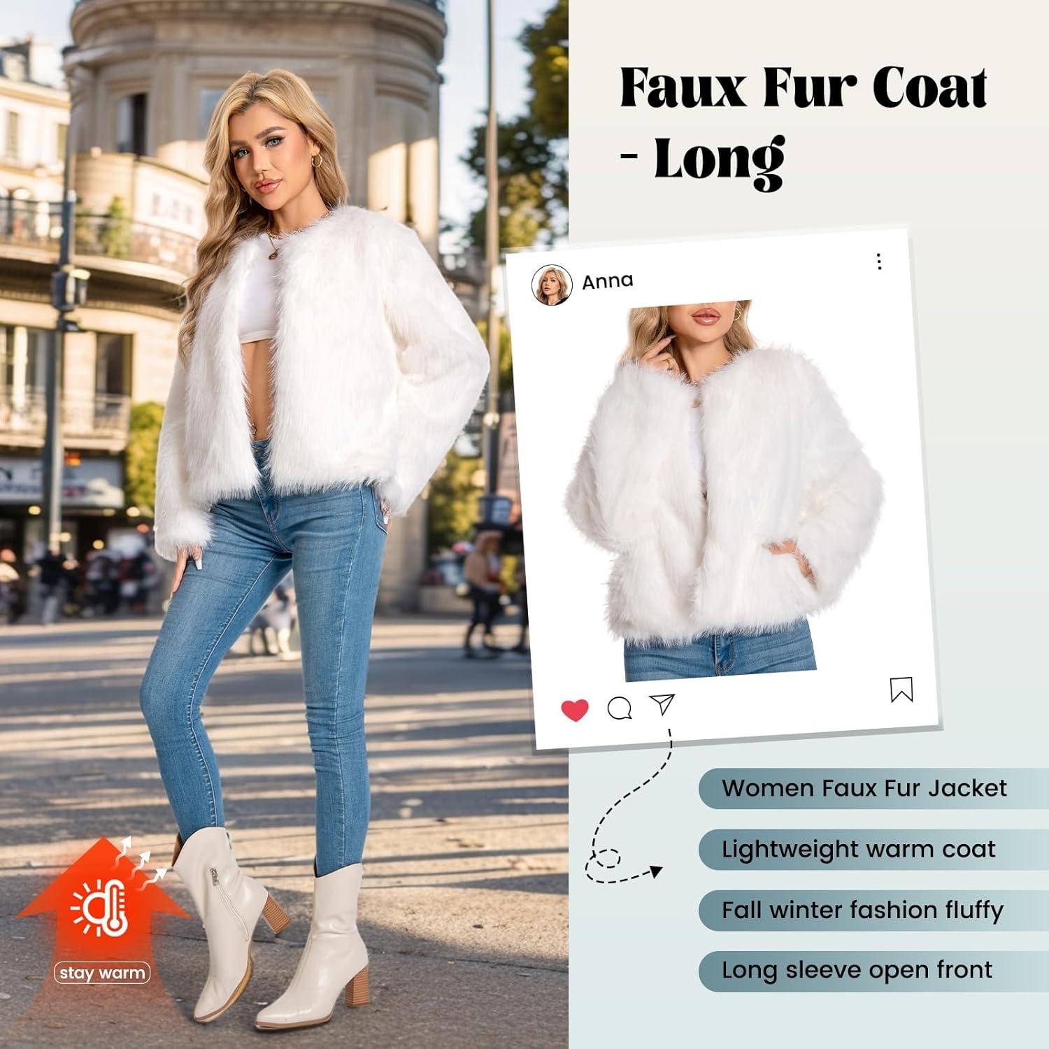 imageFur Coats For Women 2025 Plus Size Faux Fuzzy Jacket Fluffy Long Sleeve Winter Coat with PocketsWhite