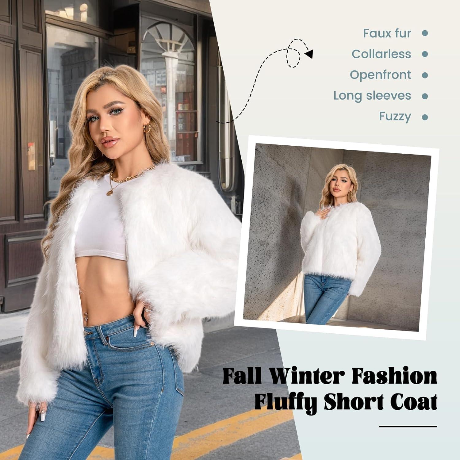 imageFur Coats For Women 2025 Plus Size Faux Fuzzy Jacket Fluffy Long Sleeve Winter Coat with PocketsWhite