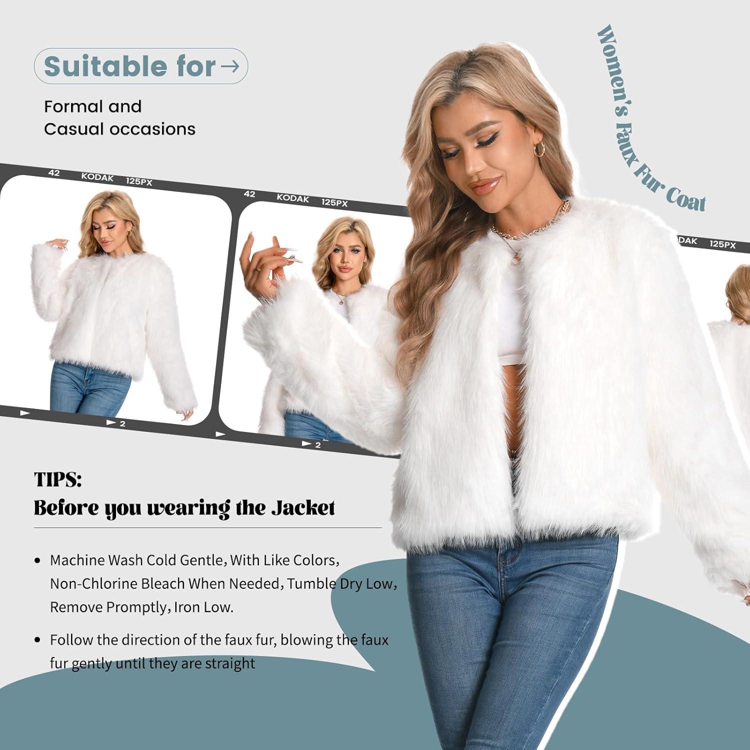 imageFur Coats For Women 2025 Plus Size Faux Fuzzy Jacket Fluffy Long Sleeve Winter Coat with PocketsWhite