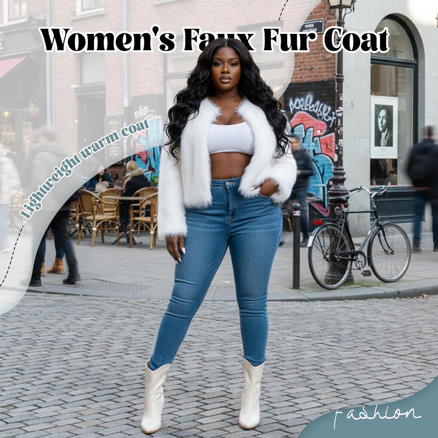 imageFur Coats For Women 2025 Plus Size Faux Fuzzy Jacket Fluffy Long Sleeve Winter Coat with PocketsWhite
