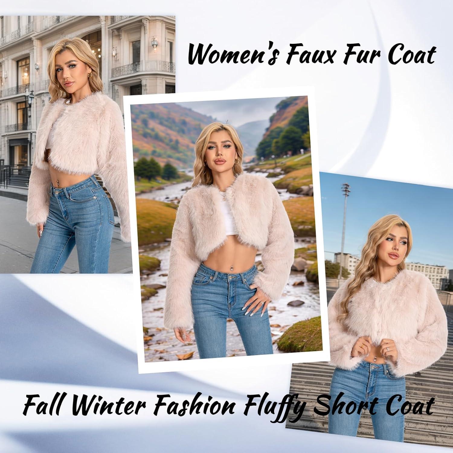 imageFur Coats For WomenPlus Size Cropped Faux Fuzzy Jacket Fluffy Fall CoatApricot