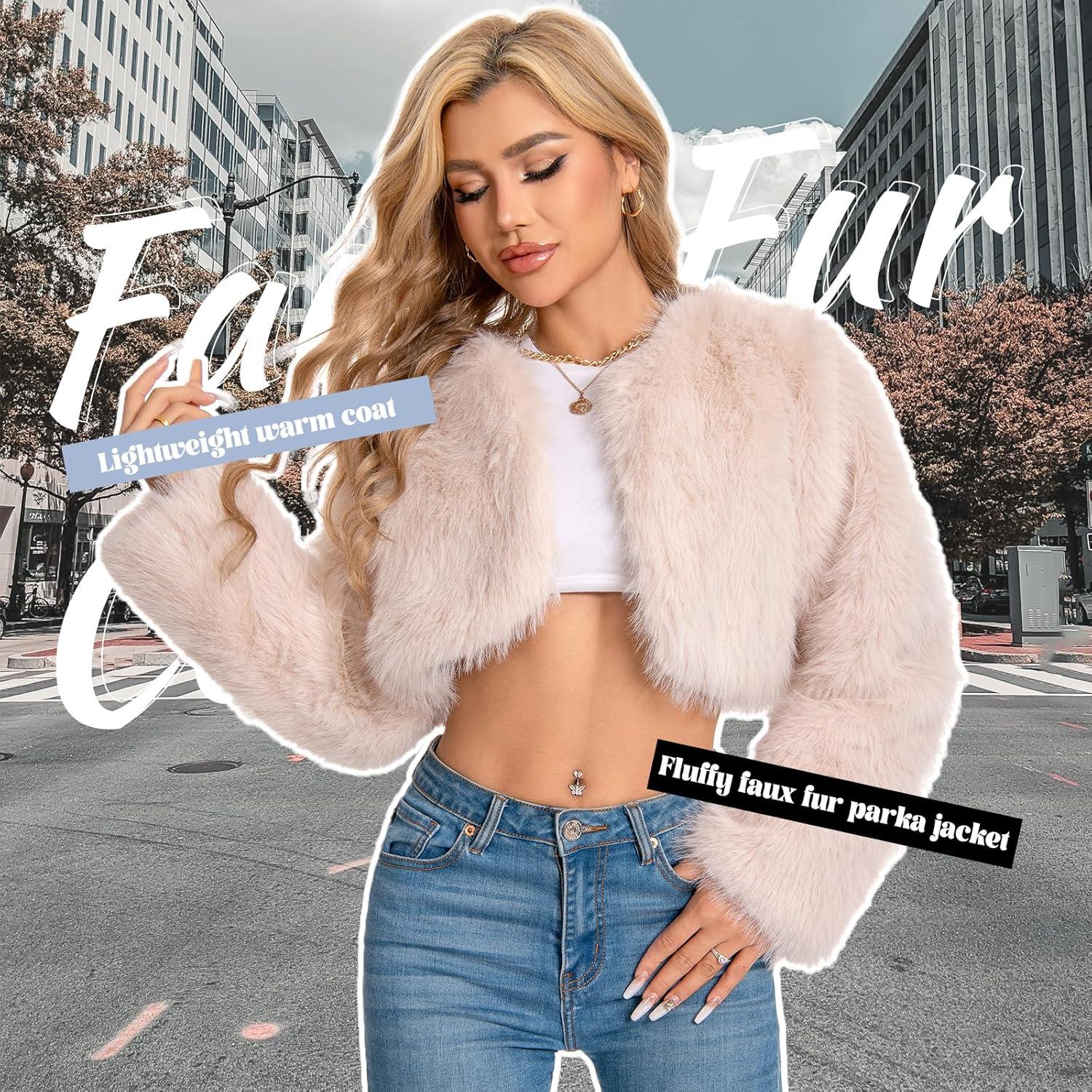 imageFur Coats For WomenPlus Size Cropped Faux Fuzzy Jacket Fluffy Fall CoatApricot