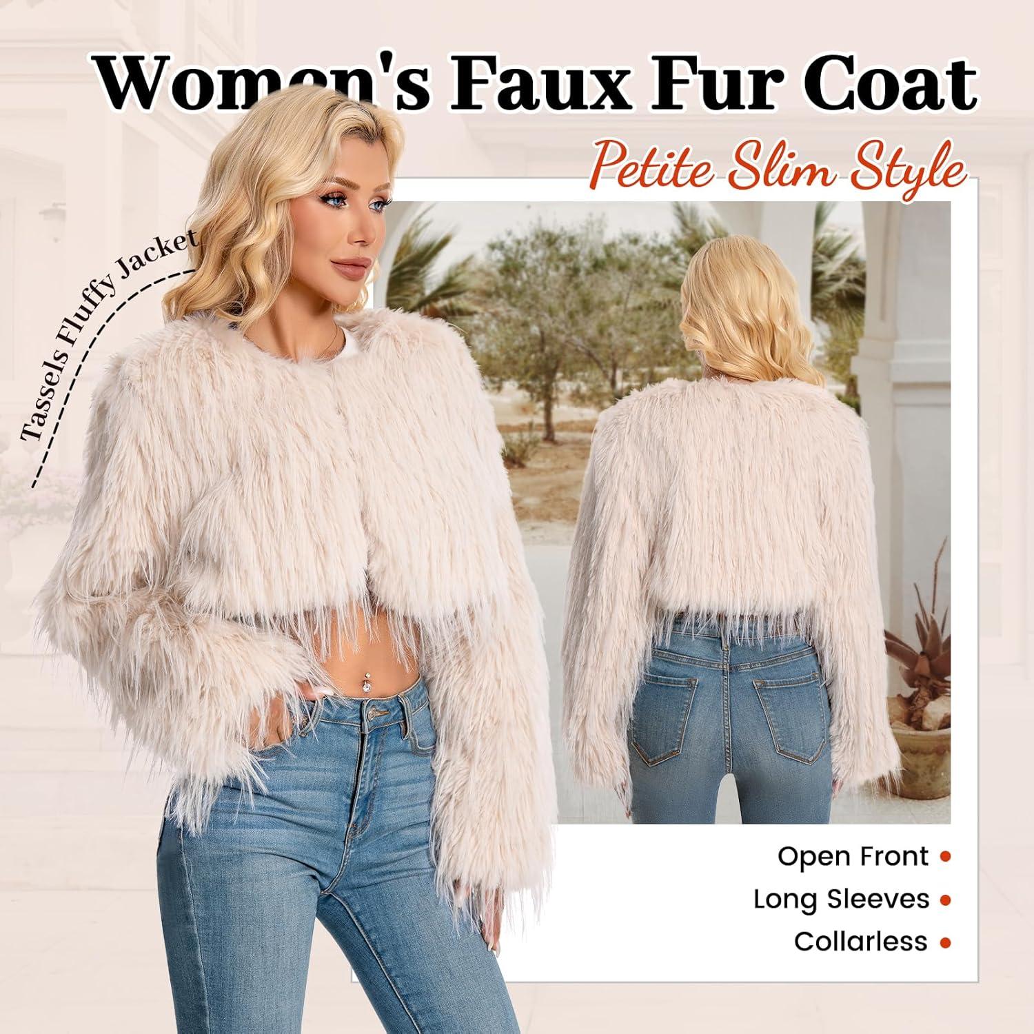 imageFur Coats For WomenPlus Size Cropped Faux Fuzzy Jacket Fluffy Fall CoatApricot Tassels