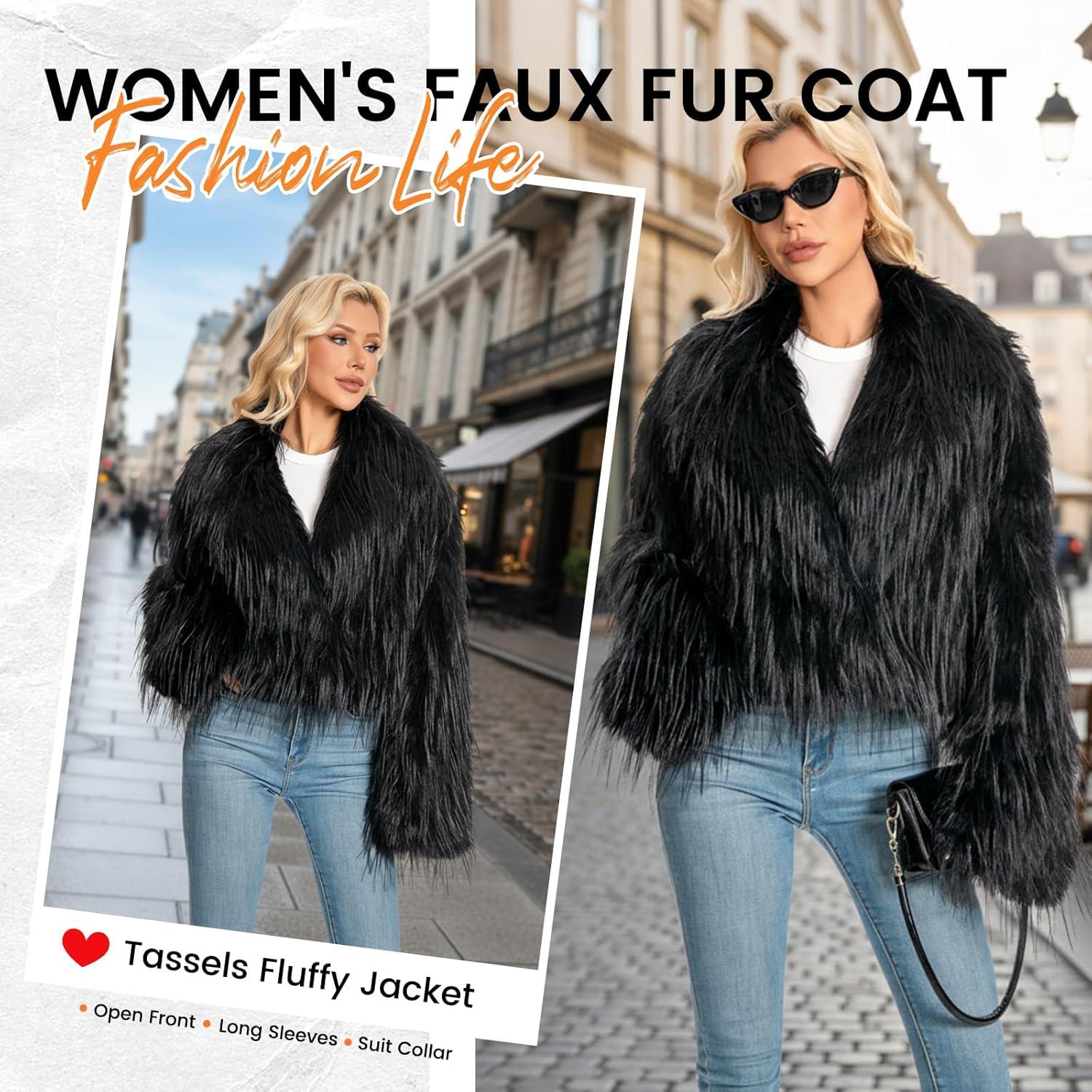 imageFur Coats For WomenPlus Size Cropped Faux Fuzzy Jacket Fluffy Fall CoatBlack Tasselssuit