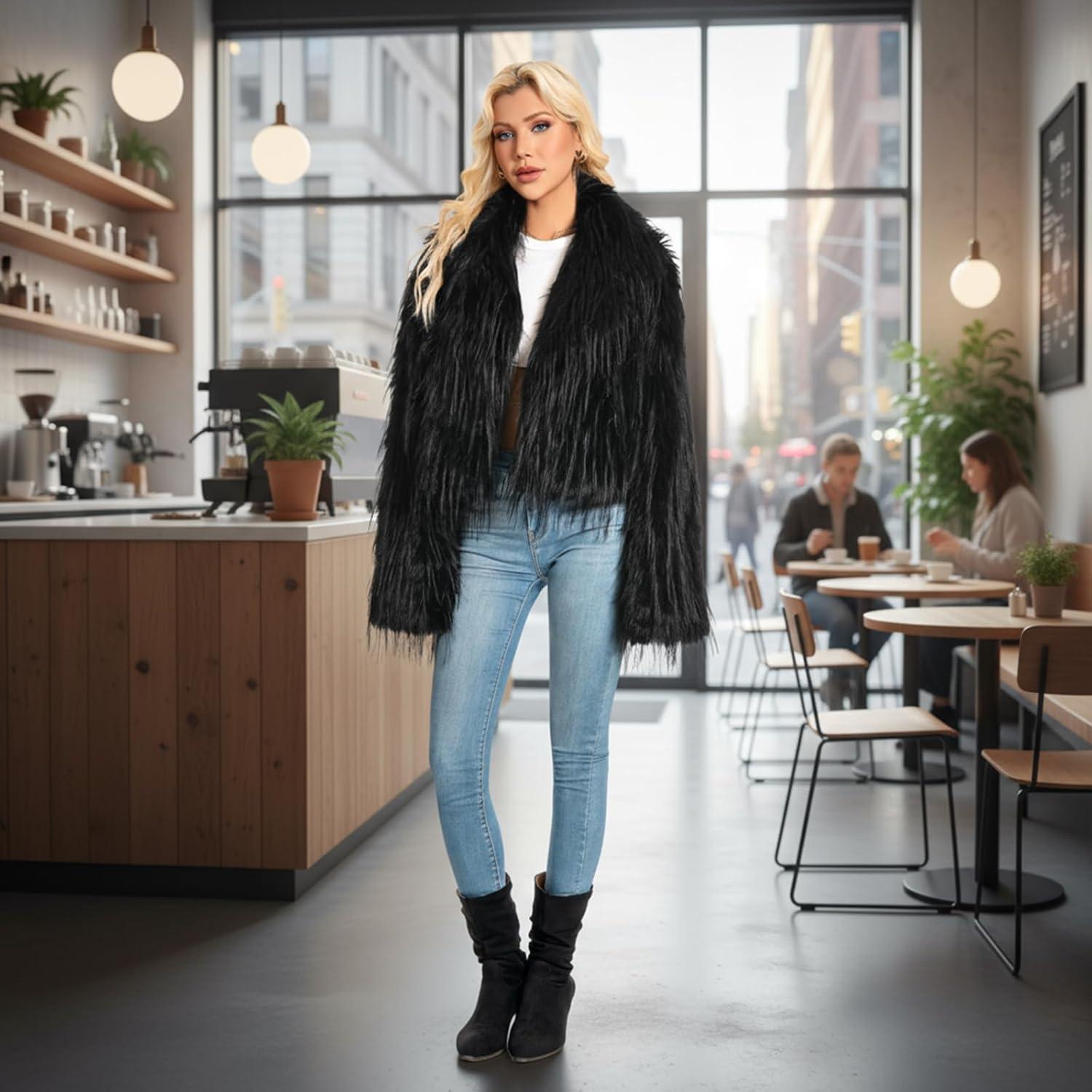 imageFur Coats For WomenPlus Size Cropped Faux Fuzzy Jacket Fluffy Fall CoatBlack Tasselssuit