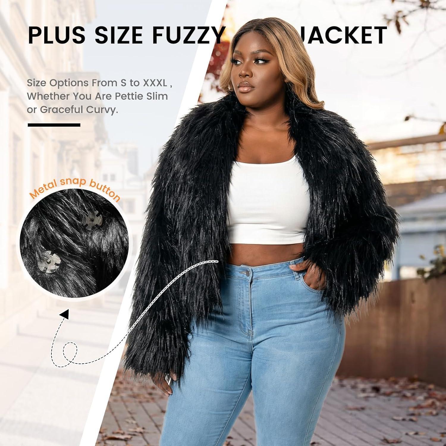 imageFur Coats For WomenPlus Size Cropped Faux Fuzzy Jacket Fluffy Fall CoatBlack Tasselssuit