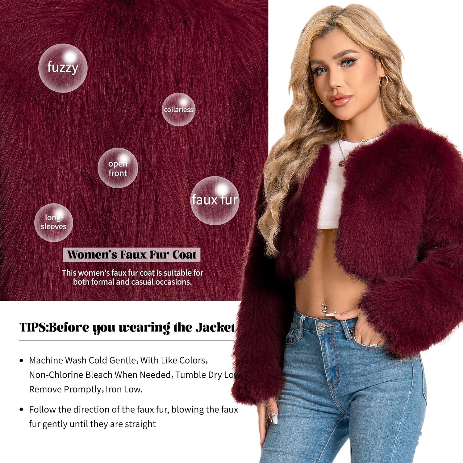 imageFur Coats For WomenPlus Size Cropped Faux Fuzzy Jacket Fluffy Fall CoatClaret