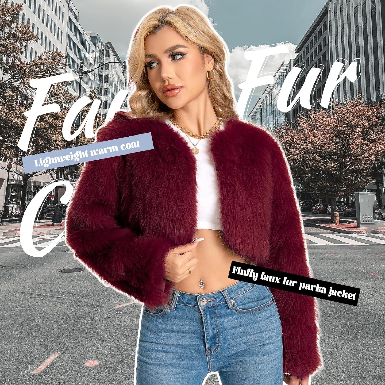 imageFur Coats For WomenPlus Size Cropped Faux Fuzzy Jacket Fluffy Fall CoatClaret