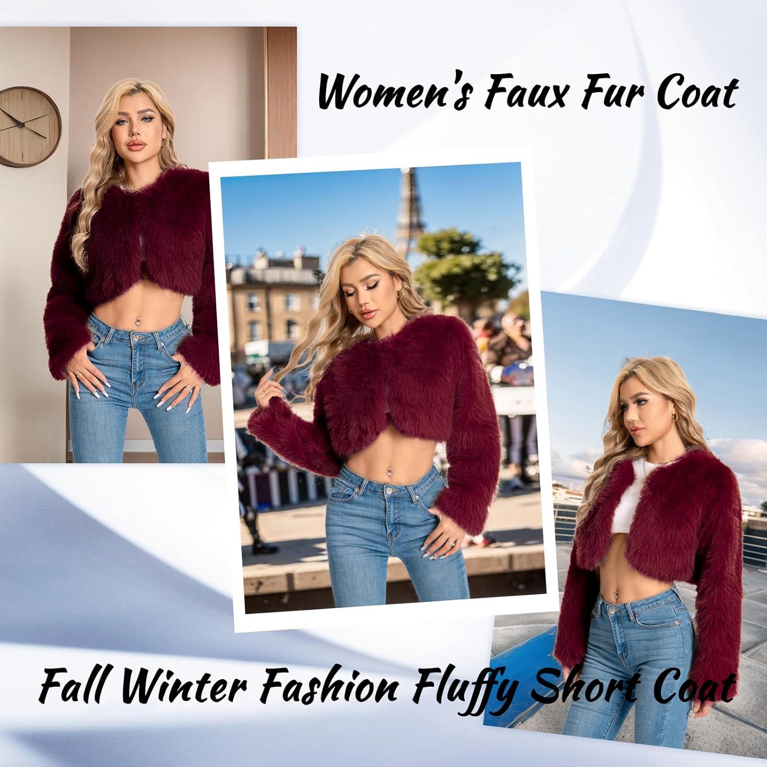 imageFur Coats For WomenPlus Size Cropped Faux Fuzzy Jacket Fluffy Fall CoatClaret
