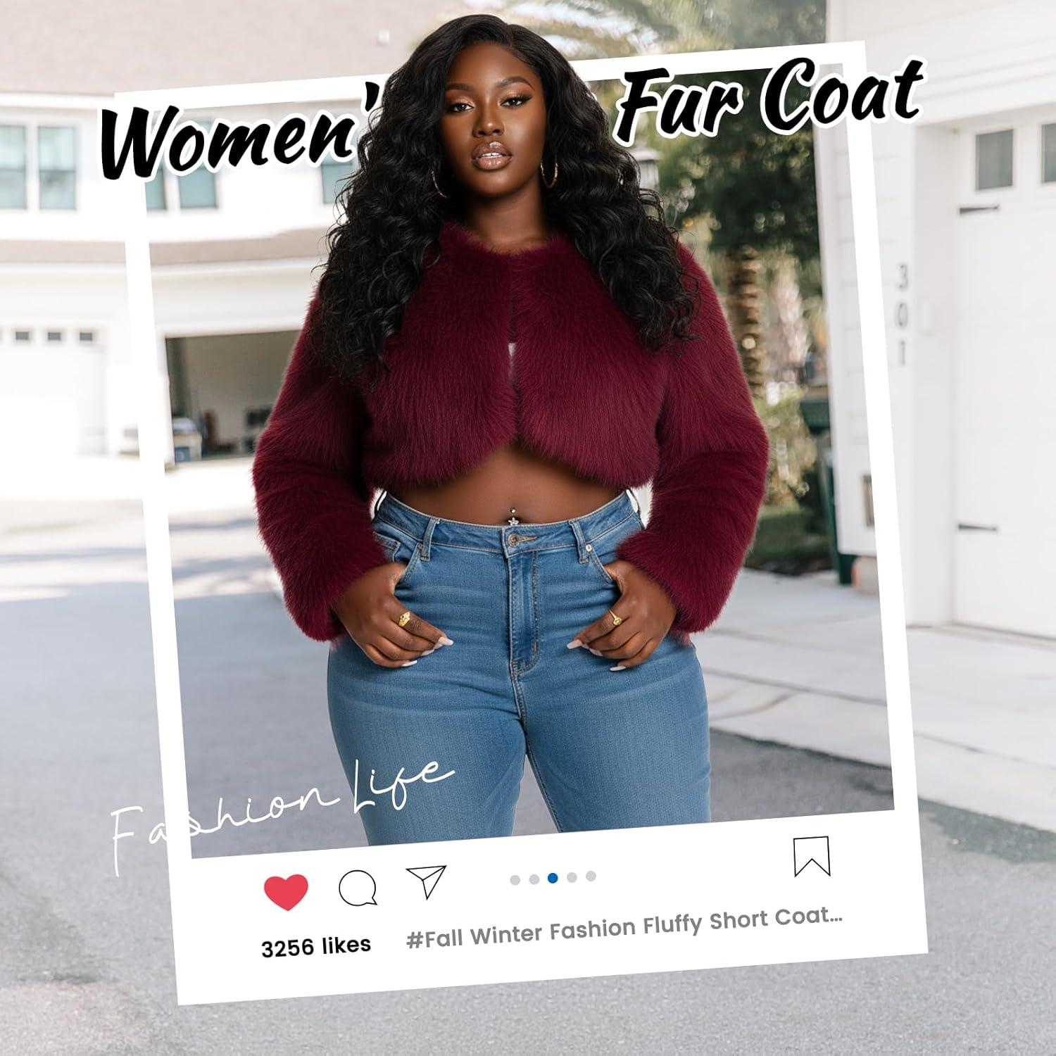 imageFur Coats For WomenPlus Size Cropped Faux Fuzzy Jacket Fluffy Fall CoatClaret