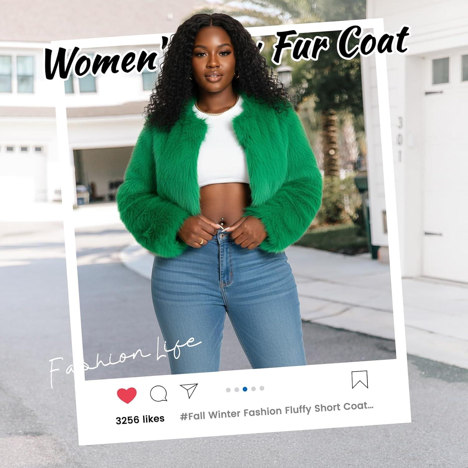 imageFur Coats For WomenPlus Size Cropped Faux Fuzzy Jacket Fluffy Fall CoatGreen