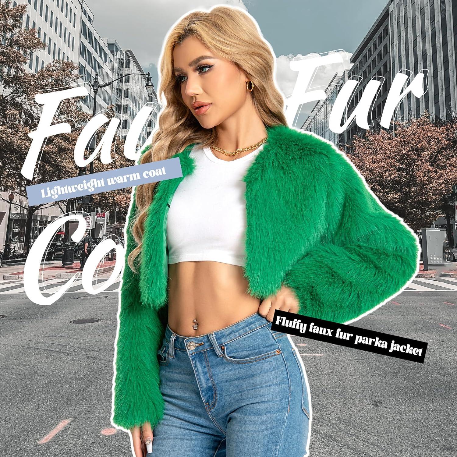 imageFur Coats For WomenPlus Size Cropped Faux Fuzzy Jacket Fluffy Fall CoatGreen