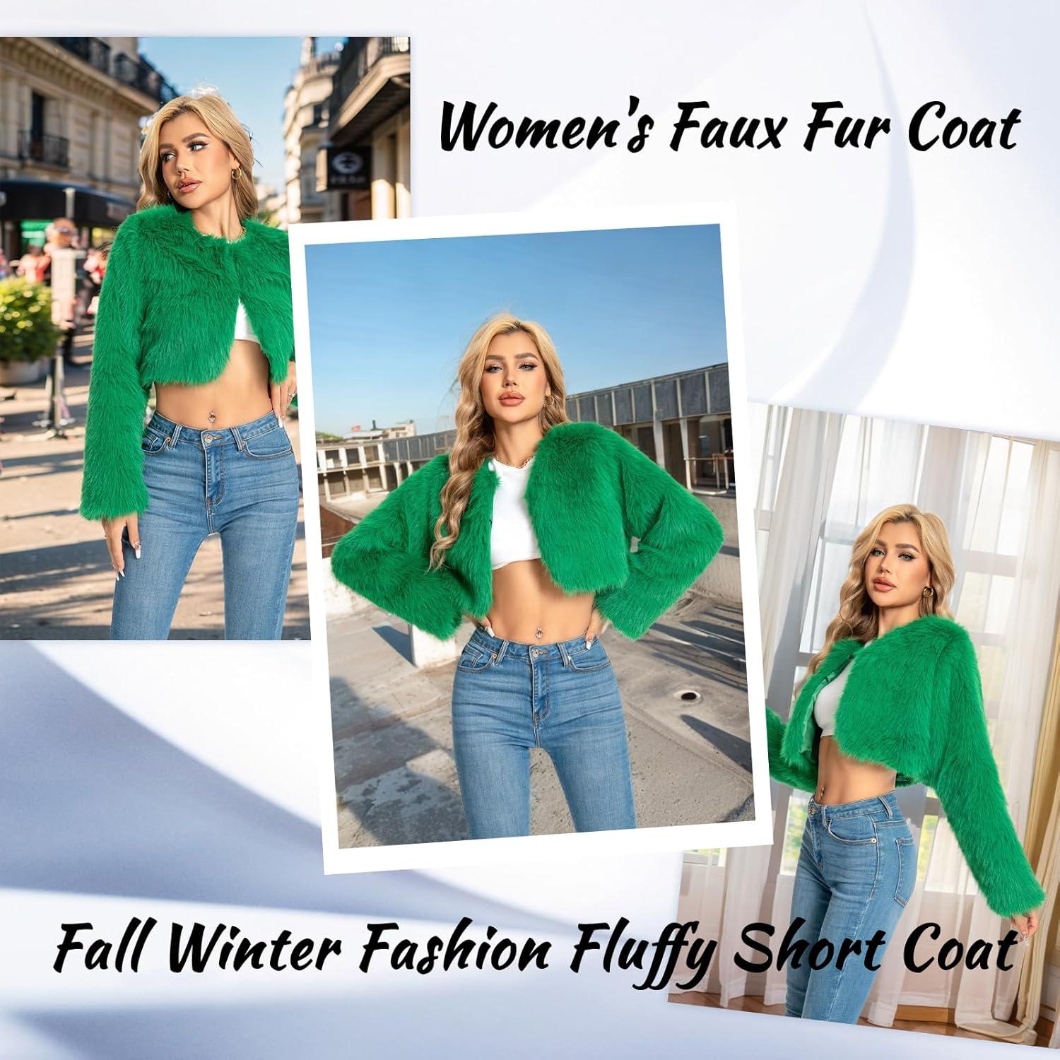 imageFur Coats For WomenPlus Size Cropped Faux Fuzzy Jacket Fluffy Fall CoatGreen
