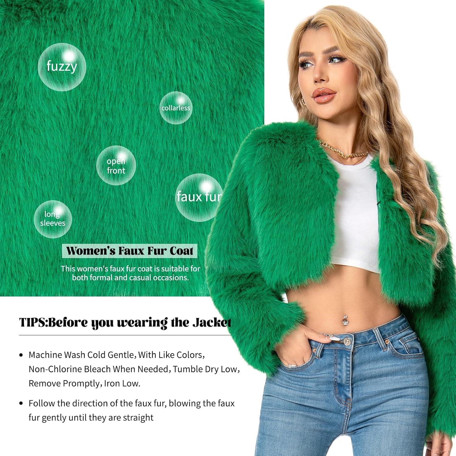 imageFur Coats For WomenPlus Size Cropped Faux Fuzzy Jacket Fluffy Fall CoatGreen