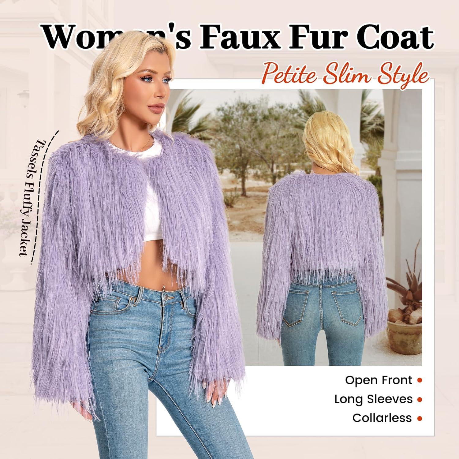 imageFur Coats For WomenPlus Size Cropped Faux Fuzzy Jacket Fluffy Fall CoatPurple Grey Tassels