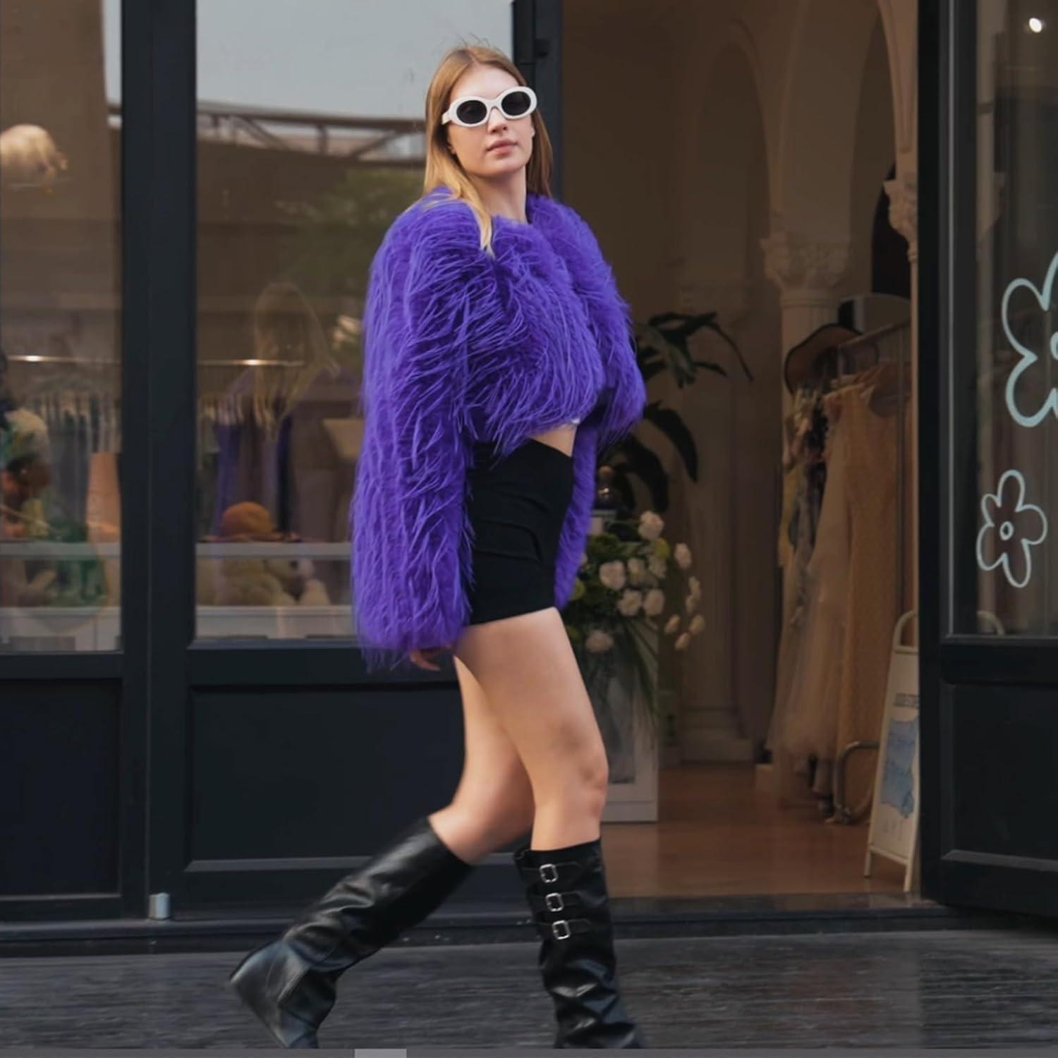 imageFur Coats For WomenPlus Size Cropped Faux Fuzzy Jacket Fluffy Fall CoatPurple Tassels