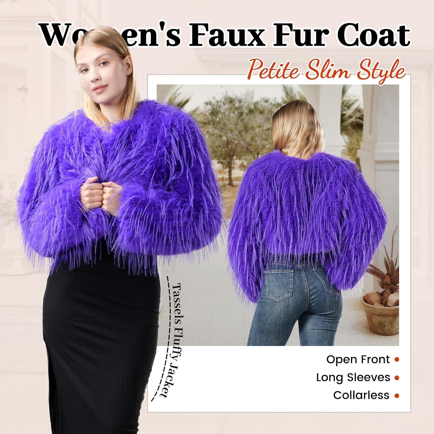 imageFur Coats For WomenPlus Size Cropped Faux Fuzzy Jacket Fluffy Fall CoatPurple Tassels