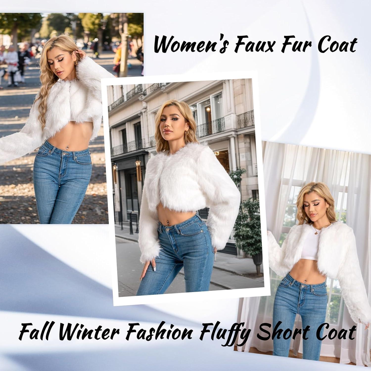imageFur Coats For WomenPlus Size Cropped Faux Fuzzy Jacket Fluffy Fall CoatWhite