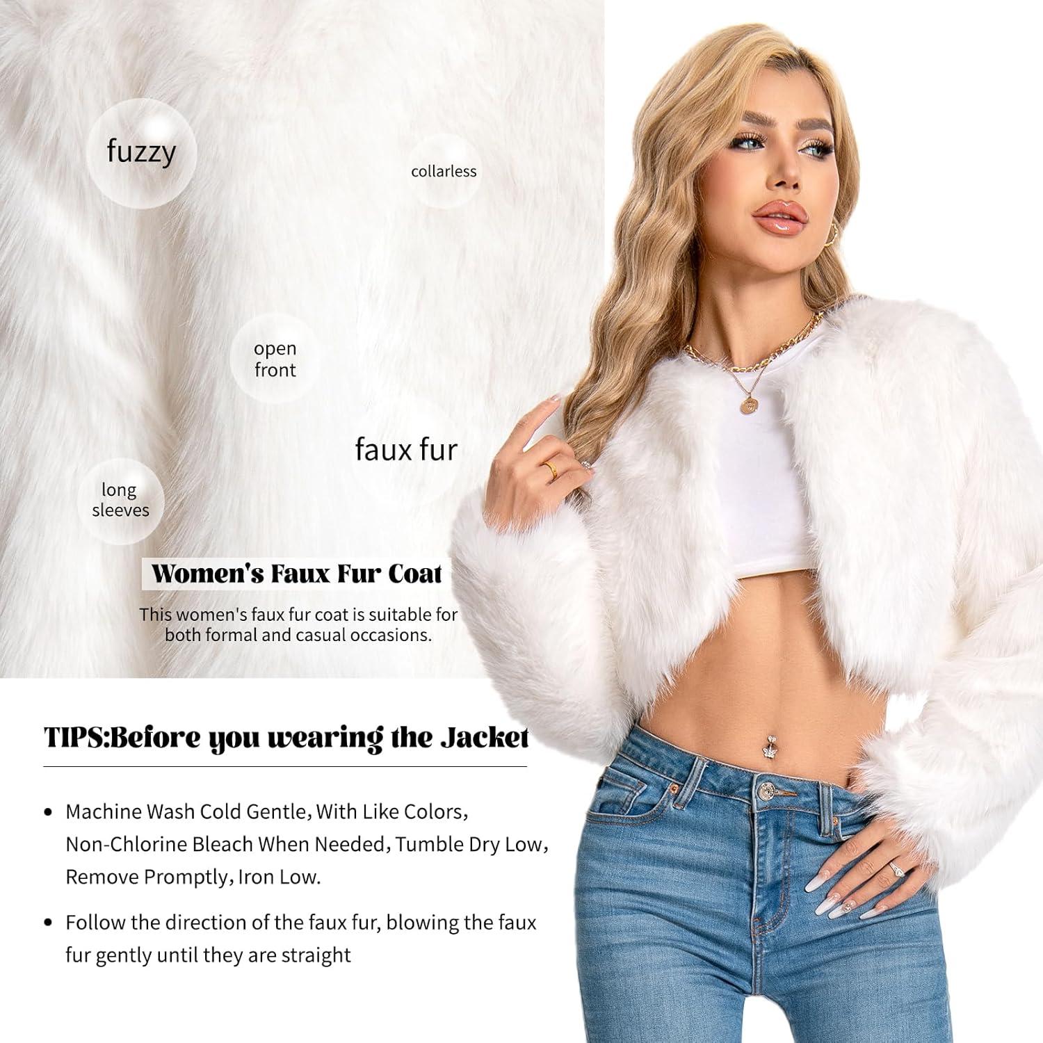 imageFur Coats For WomenPlus Size Cropped Faux Fuzzy Jacket Fluffy Fall CoatWhite