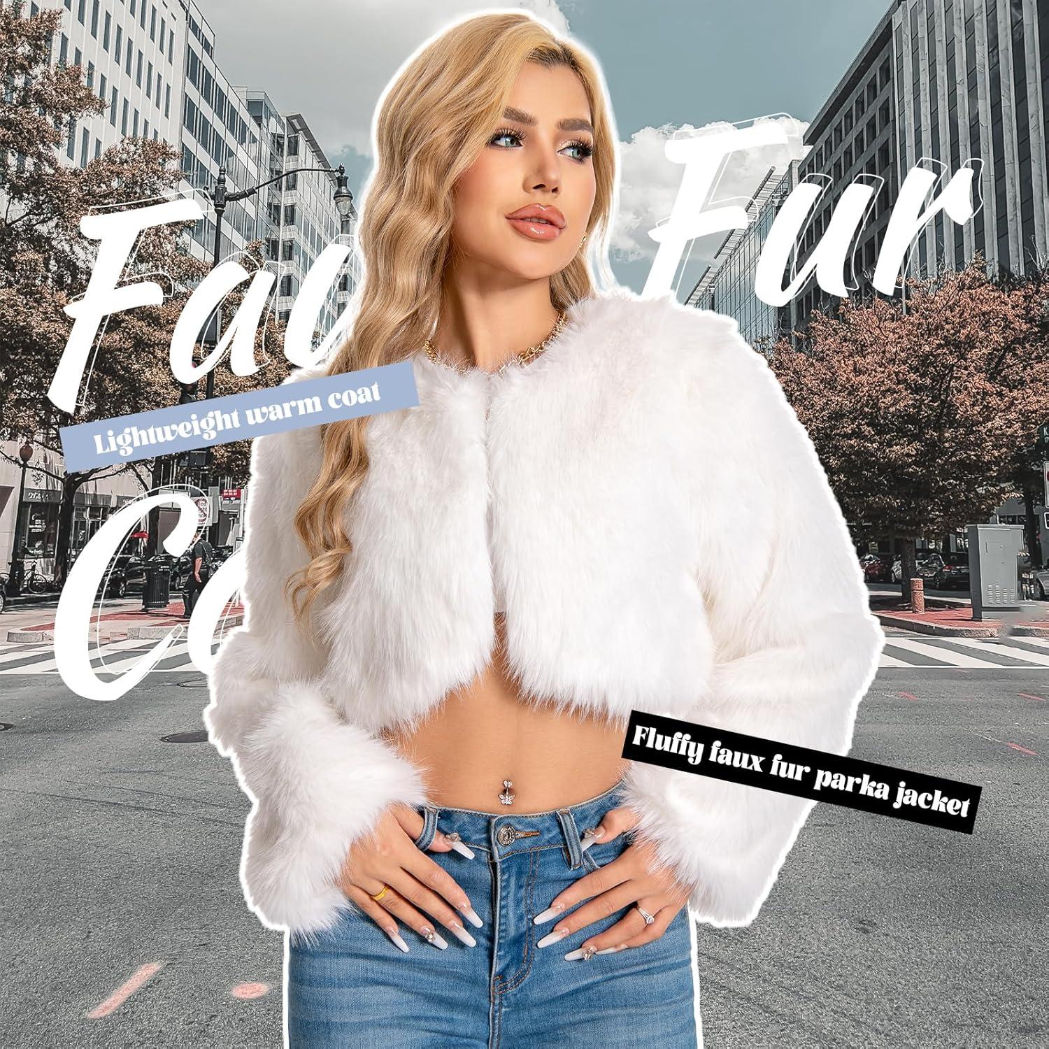 imageFur Coats For WomenPlus Size Cropped Faux Fuzzy Jacket Fluffy Fall CoatWhite