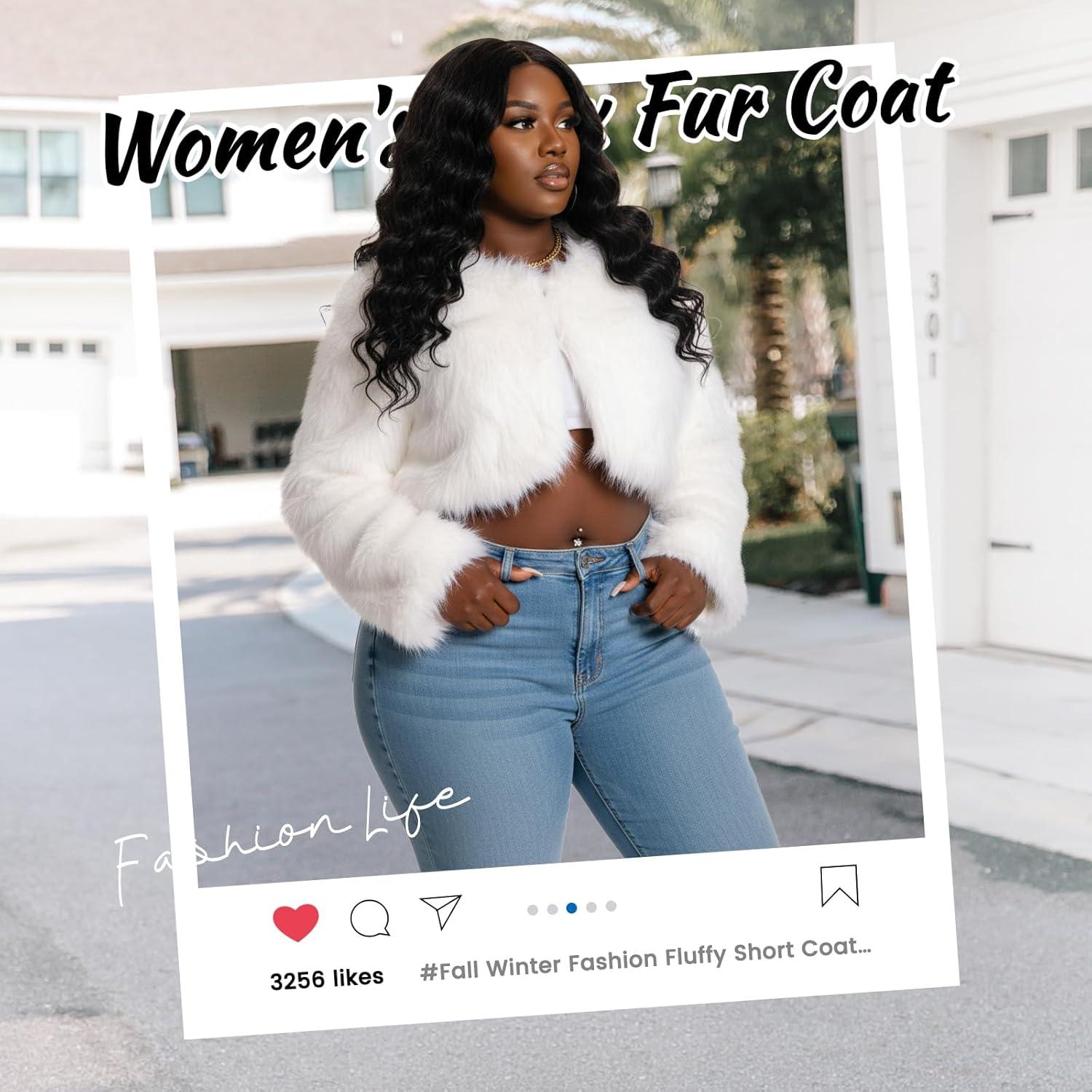 imageFur Coats For WomenPlus Size Cropped Faux Fuzzy Jacket Fluffy Fall CoatWhite
