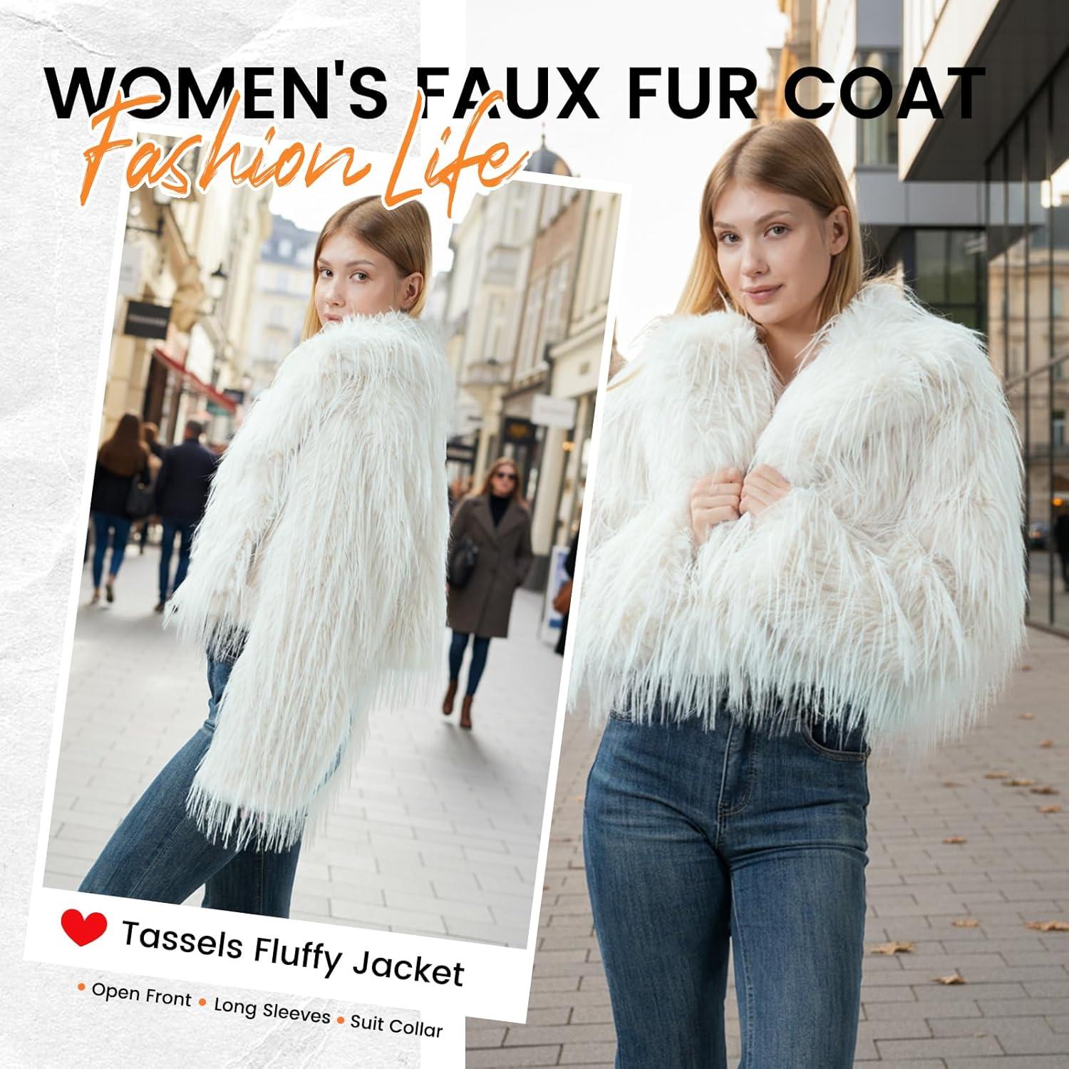 imageFur Coats For WomenPlus Size Cropped Faux Fuzzy Jacket Fluffy Fall CoatWhite Tasselssuit