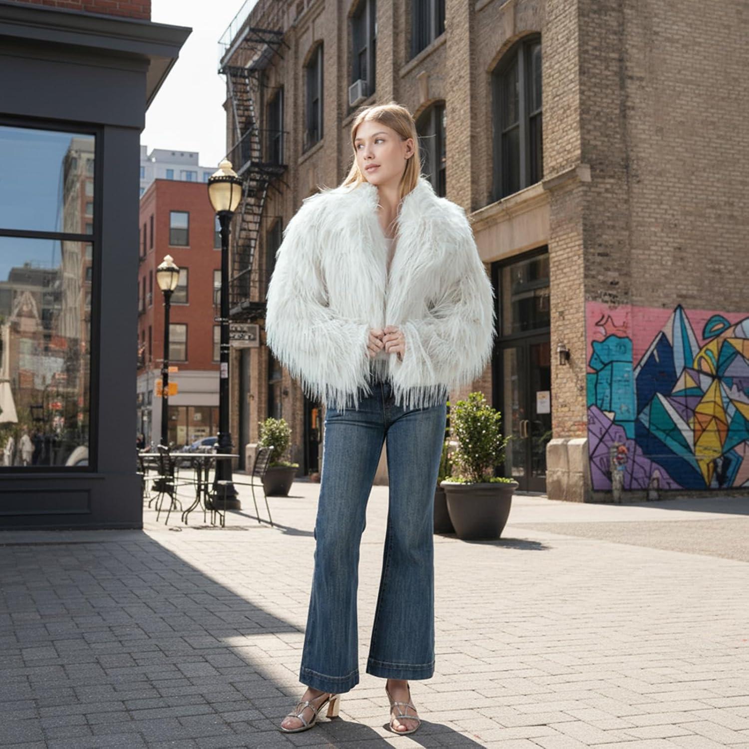 imageFur Coats For WomenPlus Size Cropped Faux Fuzzy Jacket Fluffy Fall CoatWhite Tasselssuit