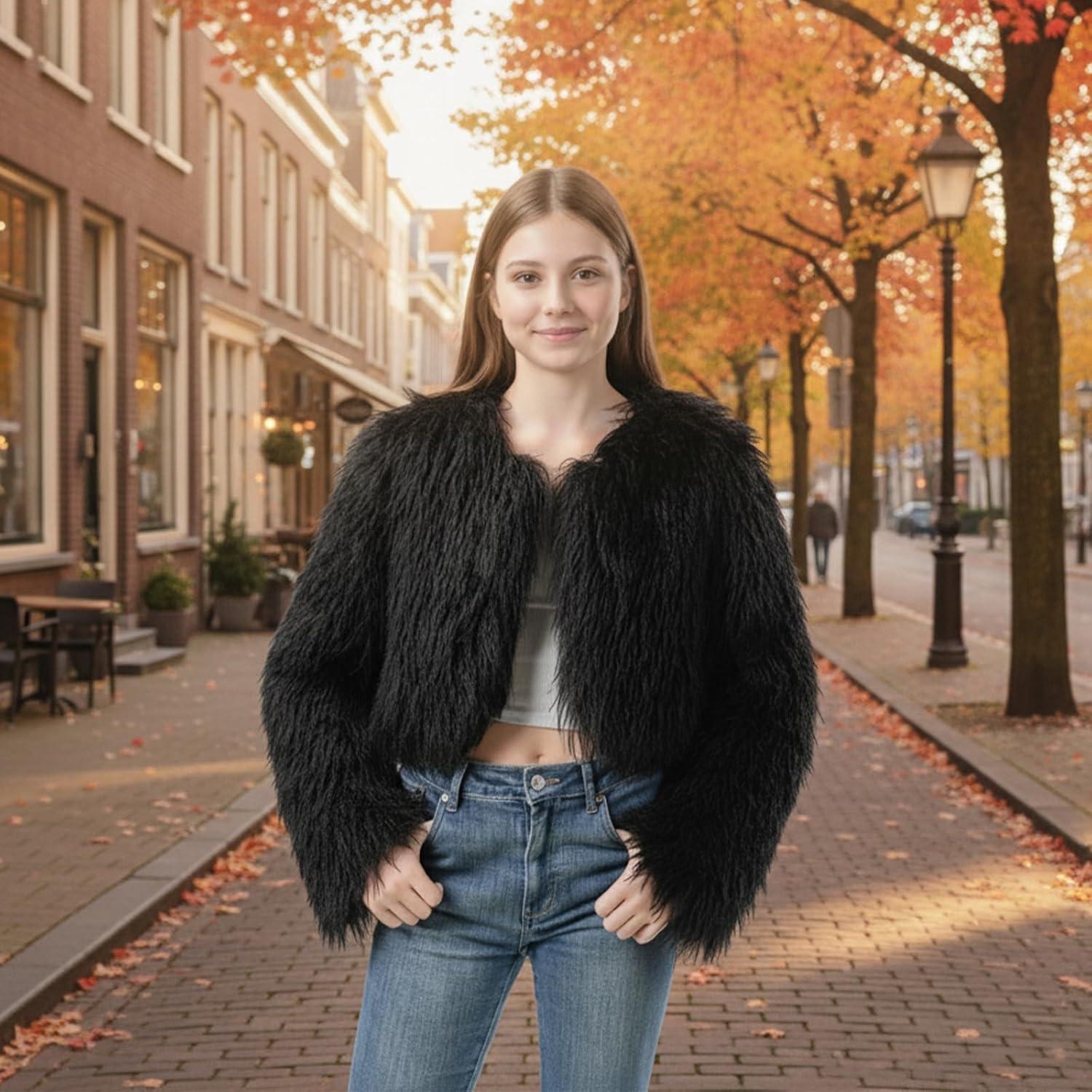 imageFur Coats For WomenPlus Size Cropped Mongolian Faux Fuzzy Jacket Fluffy Fall CoatBlack
