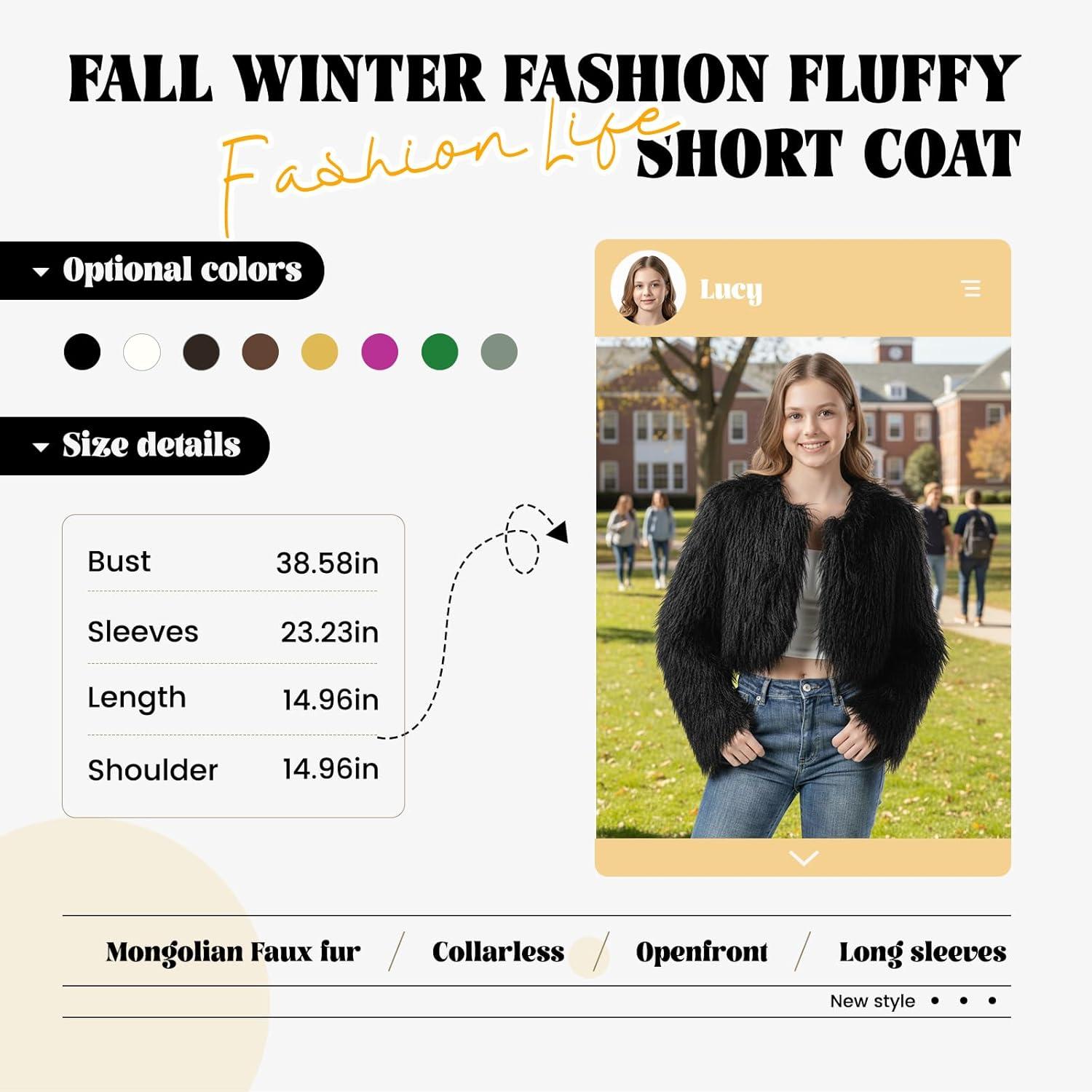 imageFur Coats For WomenPlus Size Cropped Mongolian Faux Fuzzy Jacket Fluffy Fall CoatBlack