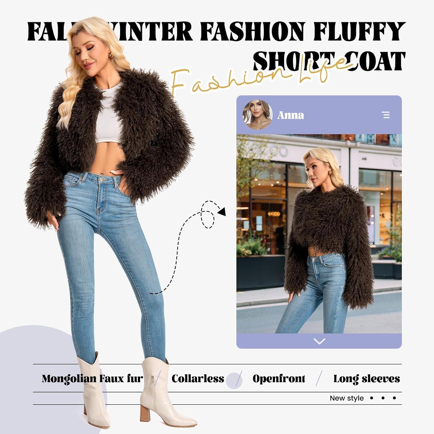 imageFur Coats For WomenPlus Size Cropped Mongolian Faux Fuzzy Jacket Fluffy Fall CoatCoffee