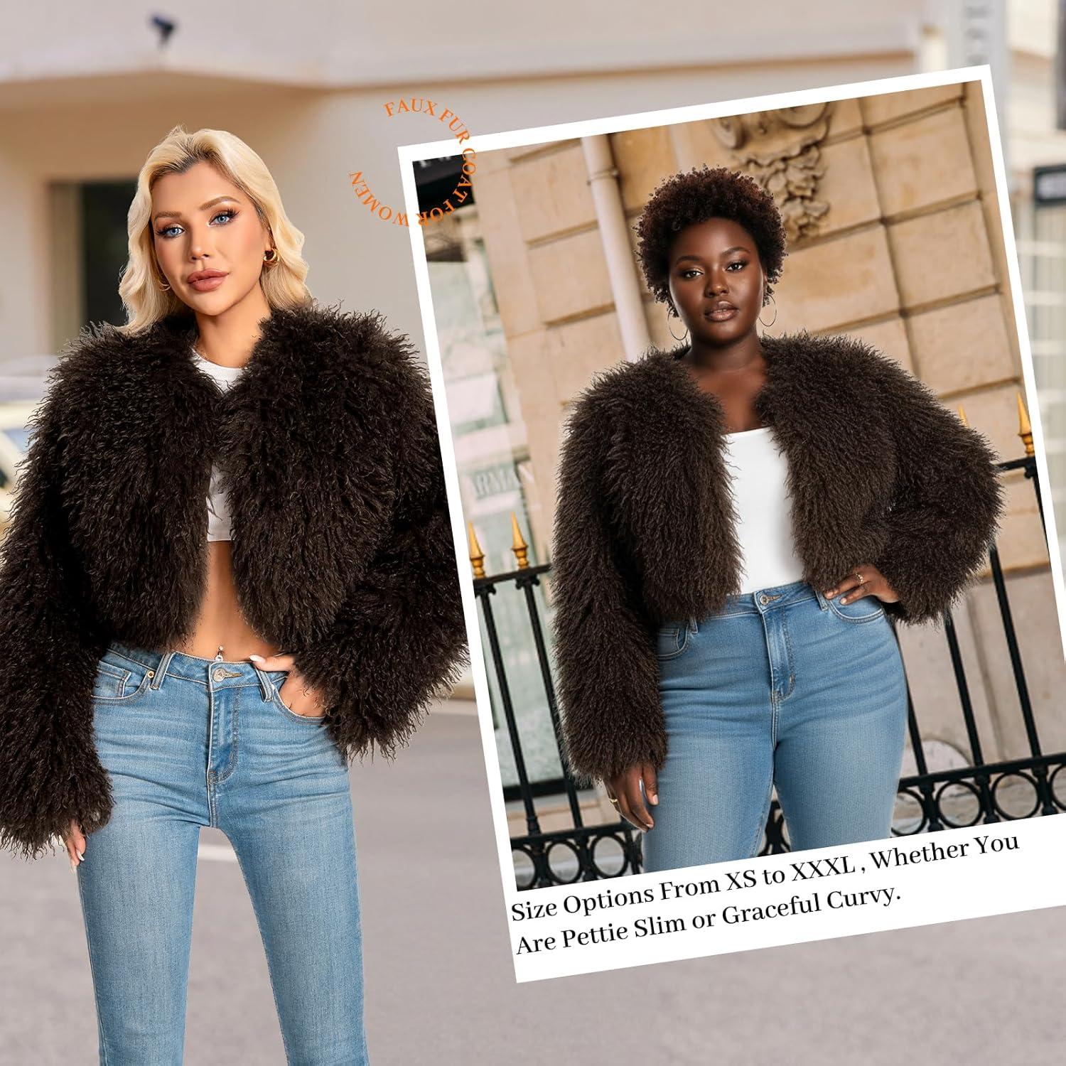 imageFur Coats For WomenPlus Size Cropped Mongolian Faux Fuzzy Jacket Fluffy Fall CoatCoffee