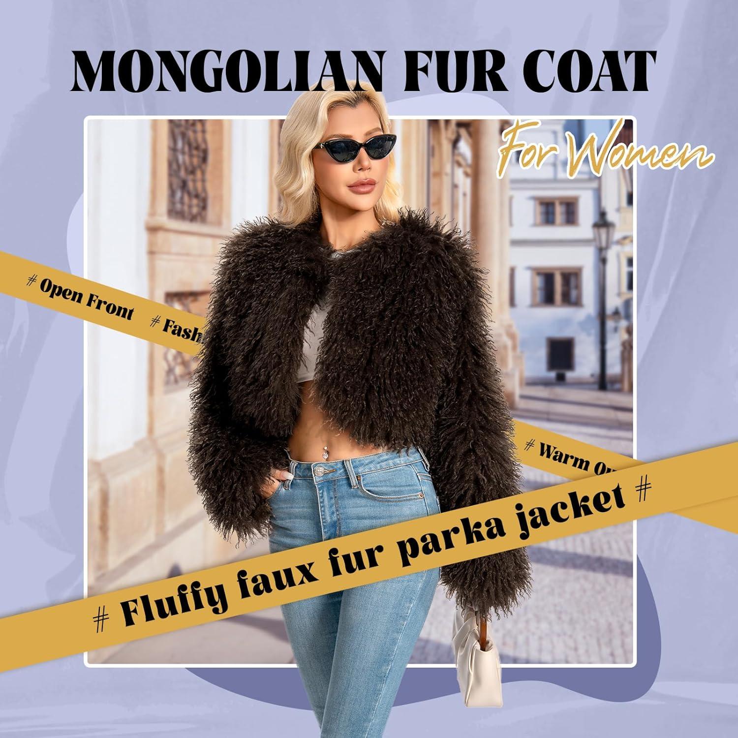 imageFur Coats For WomenPlus Size Cropped Mongolian Faux Fuzzy Jacket Fluffy Fall CoatCoffee