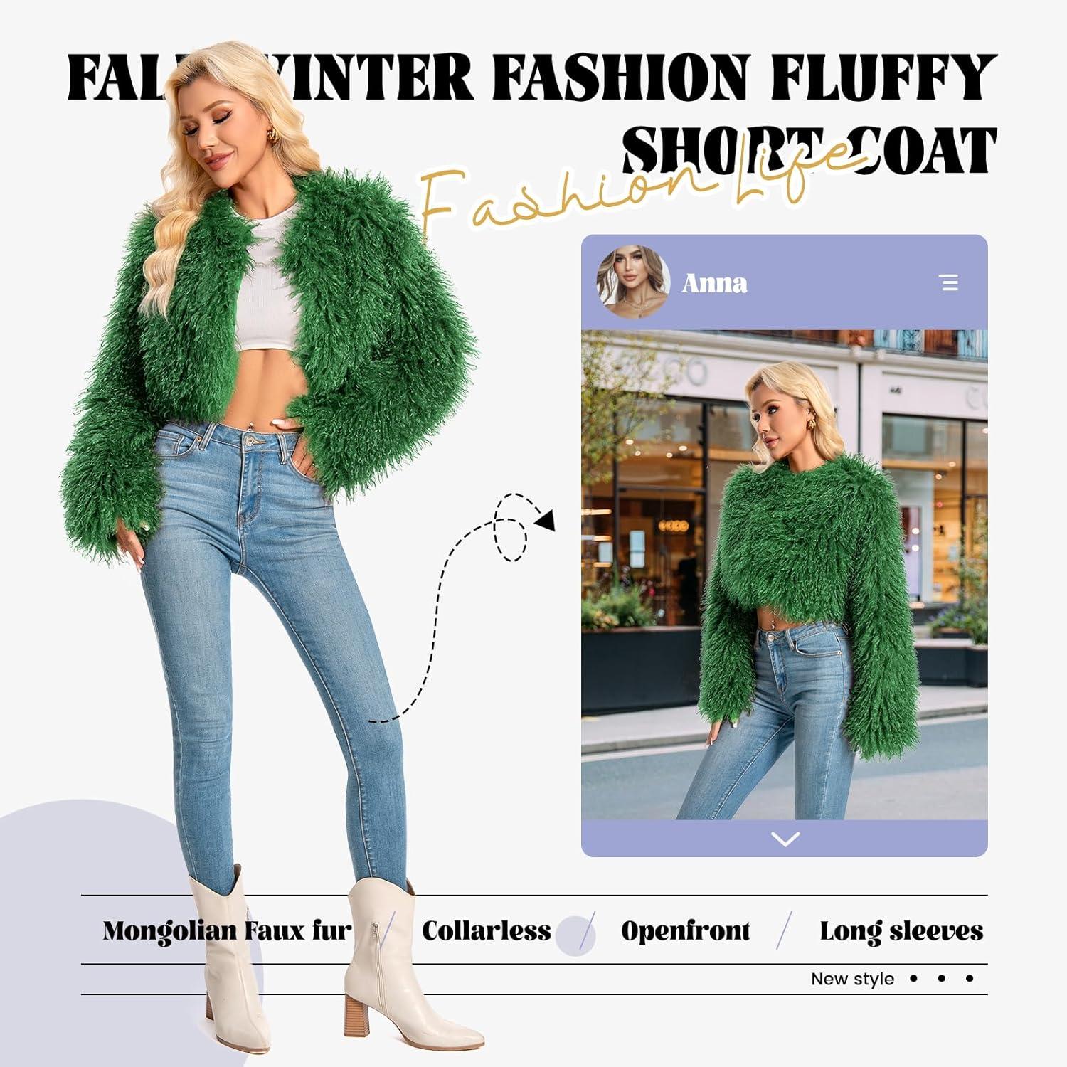 imageFur Coats For WomenPlus Size Cropped Mongolian Faux Fuzzy Jacket Fluffy Fall CoatGreen