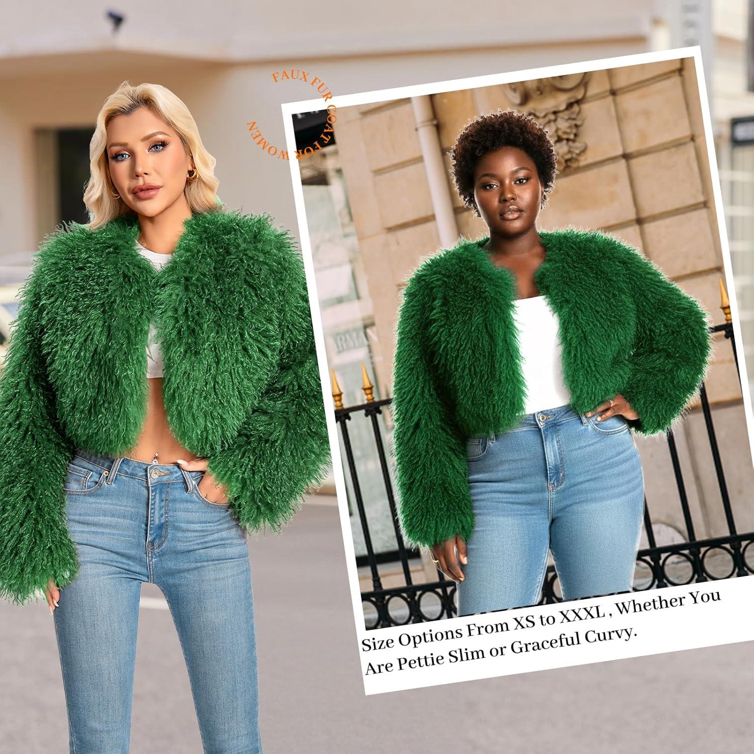 imageFur Coats For WomenPlus Size Cropped Mongolian Faux Fuzzy Jacket Fluffy Fall CoatGreen