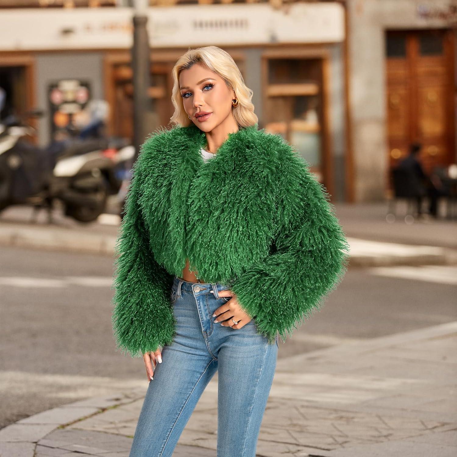 imageFur Coats For WomenPlus Size Cropped Mongolian Faux Fuzzy Jacket Fluffy Fall CoatGreen