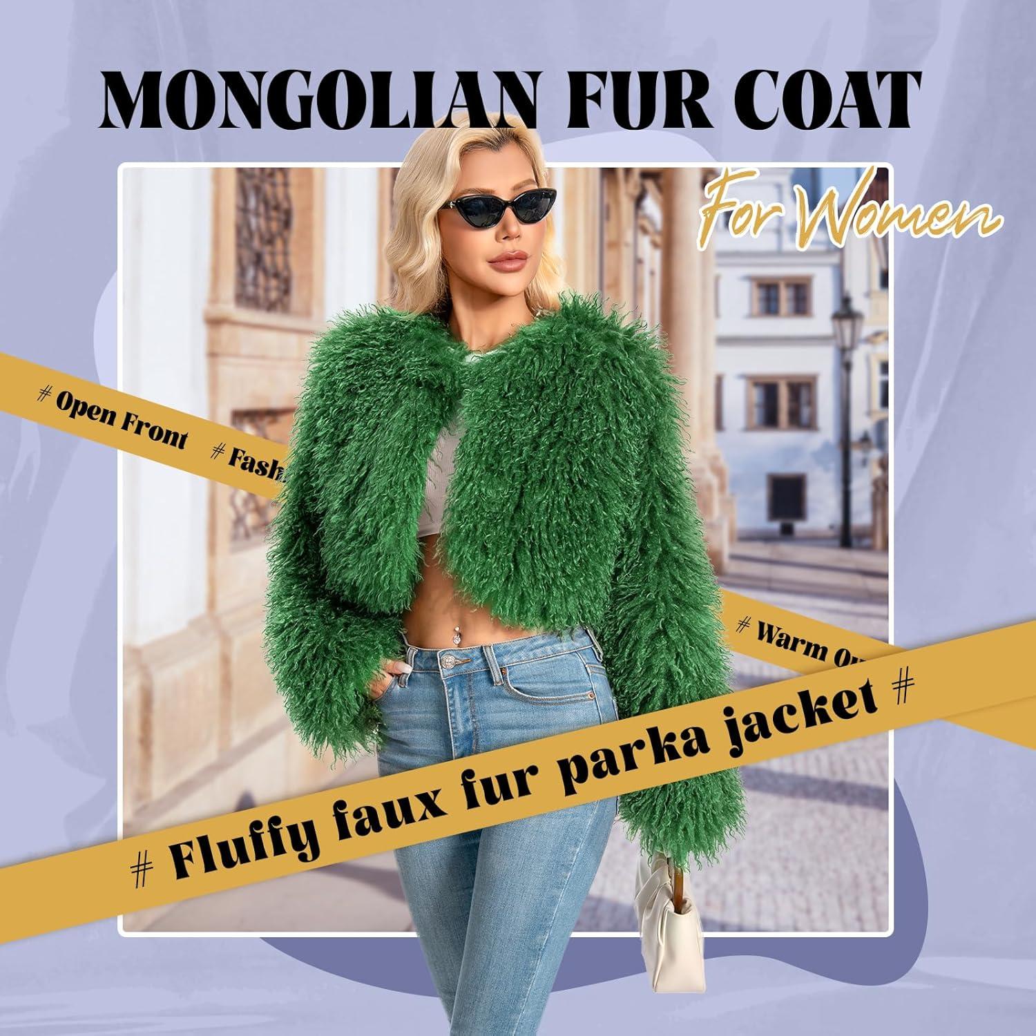 imageFur Coats For WomenPlus Size Cropped Mongolian Faux Fuzzy Jacket Fluffy Fall CoatGreen
