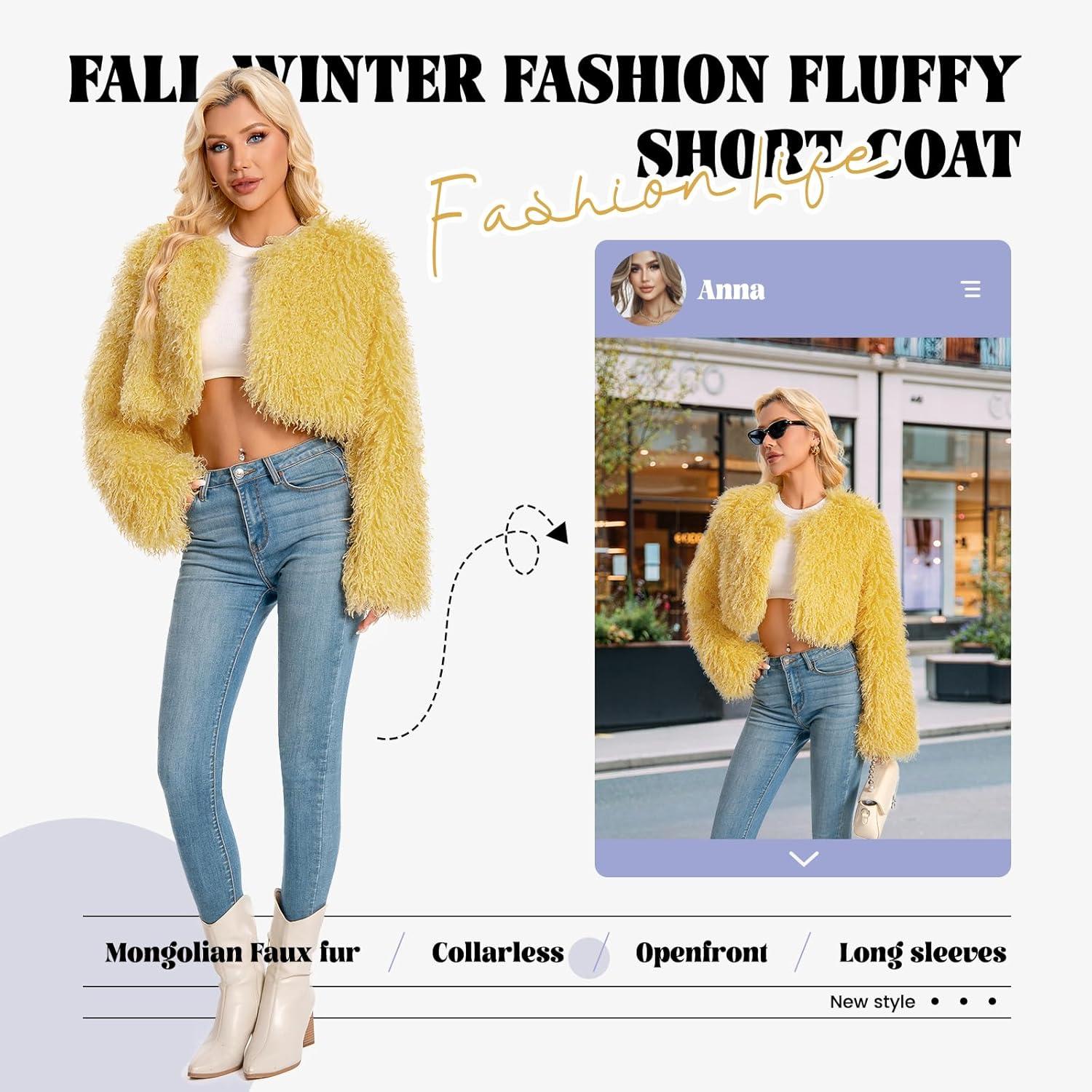 imageFur Coats For WomenPlus Size Cropped Mongolian Faux Fuzzy Jacket Fluffy Fall CoatYellow