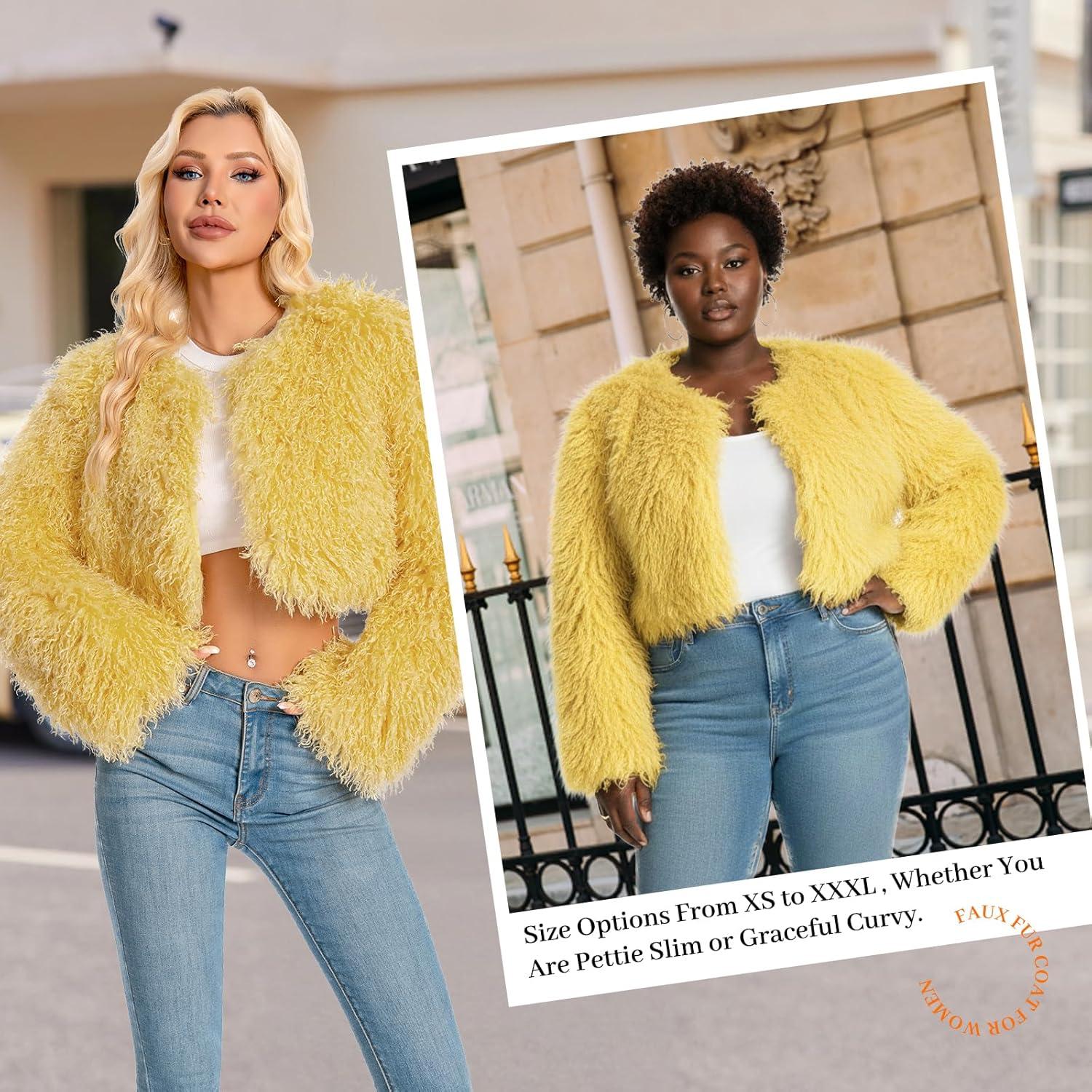imageFur Coats For WomenPlus Size Cropped Mongolian Faux Fuzzy Jacket Fluffy Fall CoatYellow