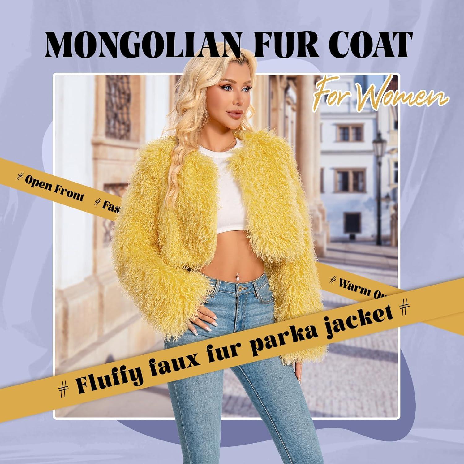 imageFur Coats For WomenPlus Size Cropped Mongolian Faux Fuzzy Jacket Fluffy Fall CoatYellow