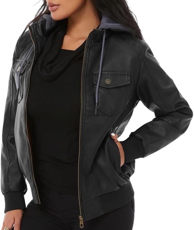 imageGGleaf Womens Faux Leather Jacket Waterproof Motorcycle Bomber Jacket Vintage PU Moto Biker CoatBlack