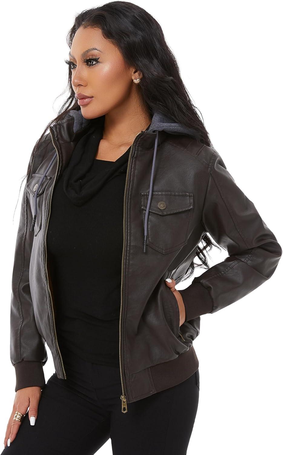 imageGGleaf Womens Faux Leather Jacket Waterproof Motorcycle Bomber Jacket Vintage PU Moto Biker CoatCoffee
