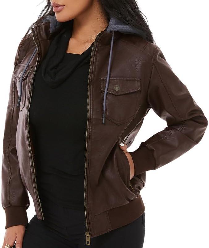 imageGGleaf Womens Faux Leather Jacket Waterproof Motorcycle Bomber Jacket Vintage PU Moto Biker CoatCoffee